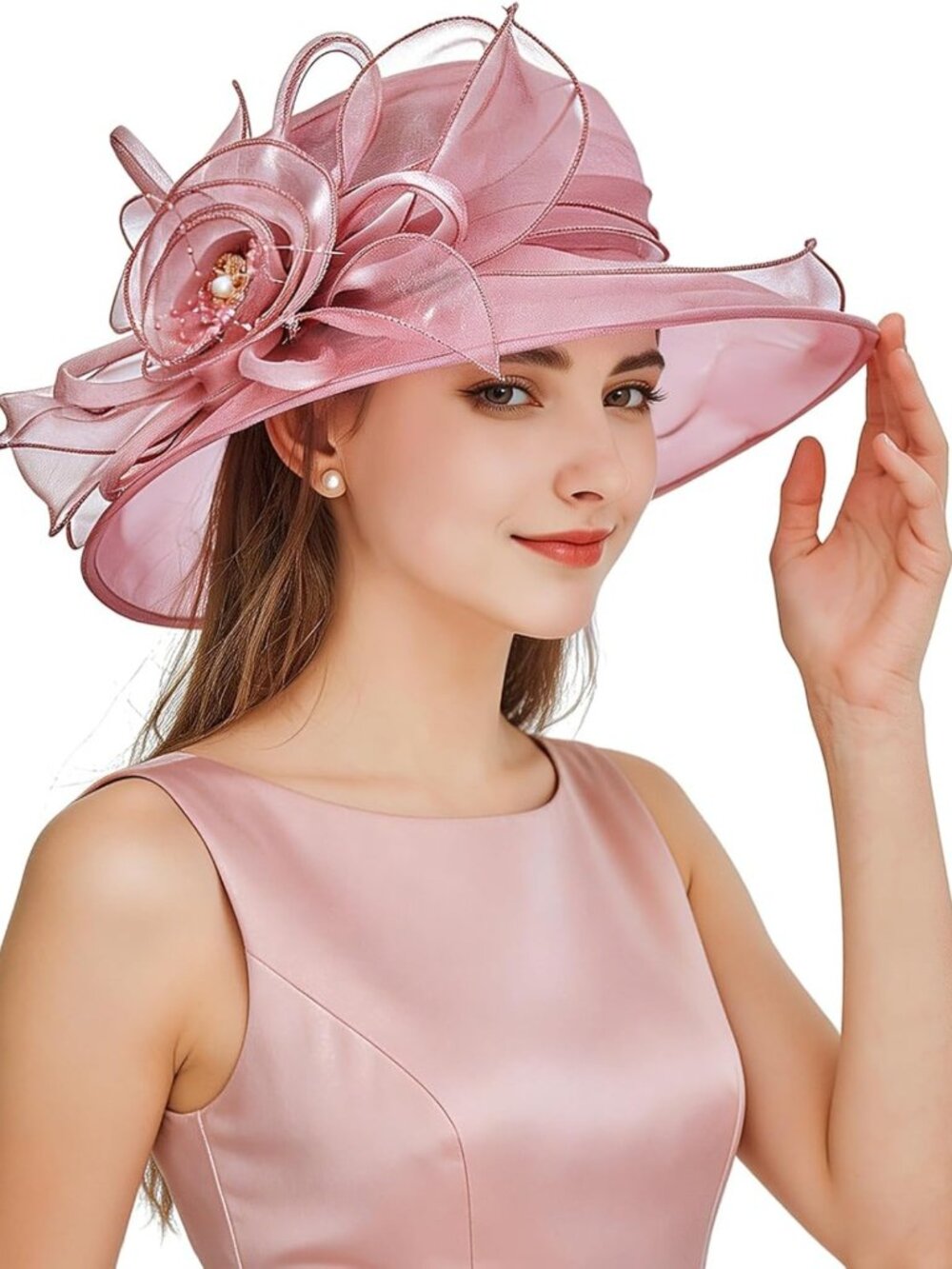 Elegant Organza Wedding Fascinator Tea Party Derby Hat - Wide Brim Floral Sun
